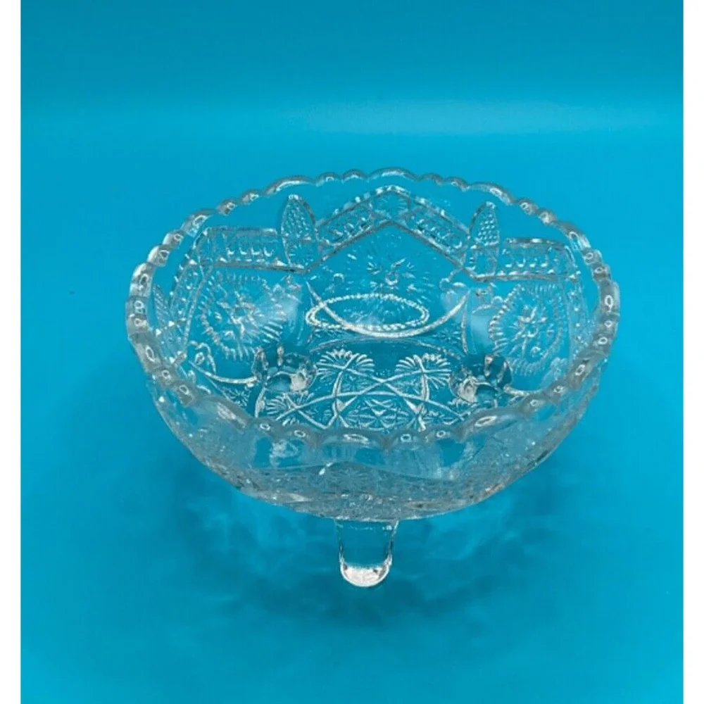 Vintage Footed Cut Glass Etched Round Nut Bowl -‎ 4